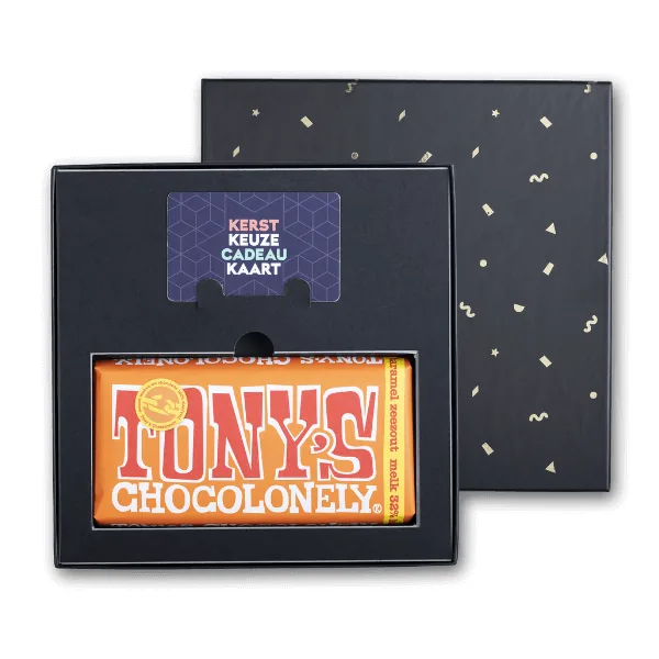 Cadeaupakket Tony's Chocolonely 'Karamel/zeezout' + Cadeaukaart van Keuze cadeaukaarten