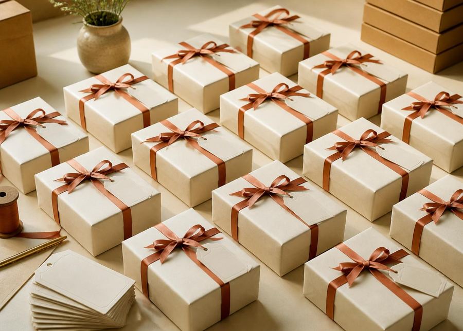 Rijen identiek ingepakte cadeaus met adreskaartjes, klaar voor verzending