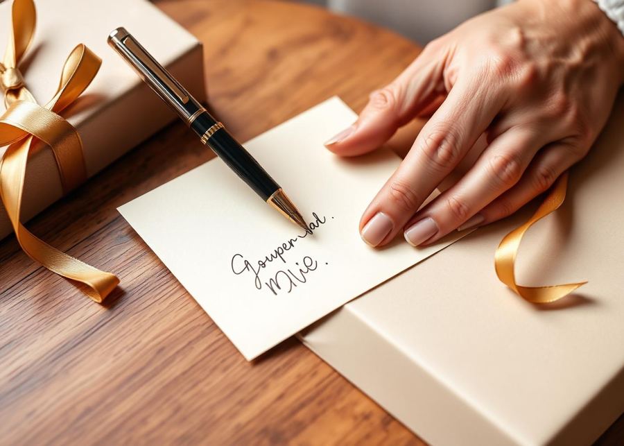 Des mains écrivent un message personnel sur une carte crème